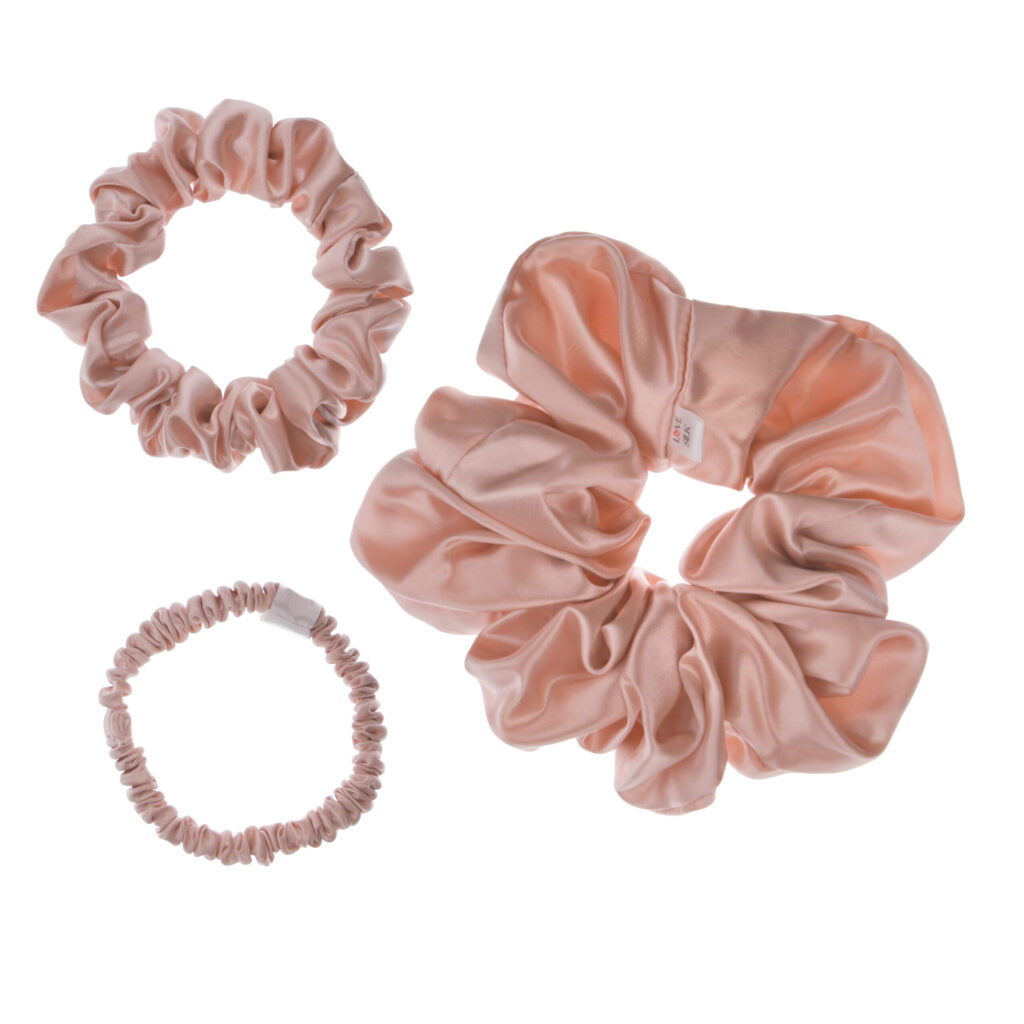 Set 3 hedvábných gumiček do vlasů – růžové zlato, 100 % morušové hedvábí