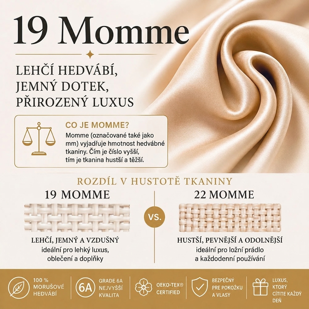 19 Momme hedvábí – lehčí morušové hedvábí s porovnáním hustoty tkaniny 19 Momme a 22 Momme