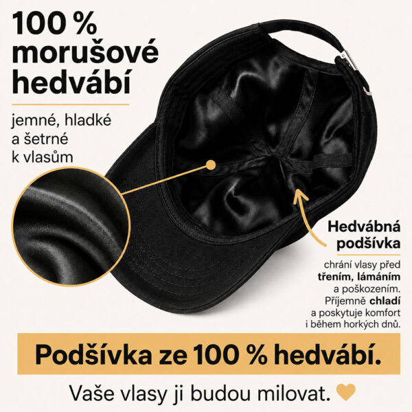 Kšiltovka s podšívkou ze 100 % morušového hedvábí chrání vlasy před třením, lámáním a krepatěním.