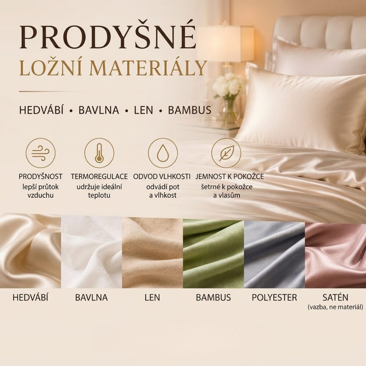 Prodyšné ložní materiály – srovnání hedvábí, bavlny, lnu, bambusu, polyesteru a saténu