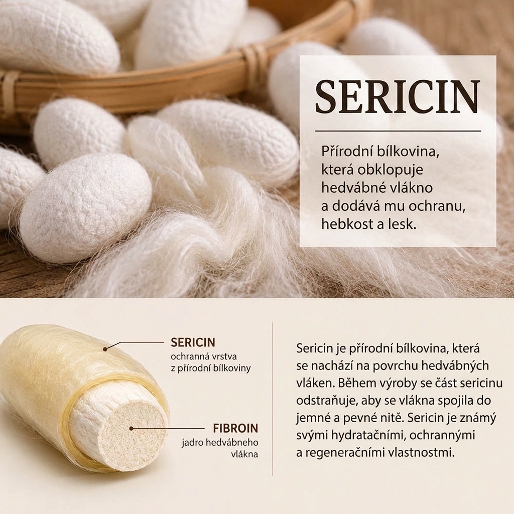 Sericin je přirozená bílkovina nacházející se v hedvábném vlákně.