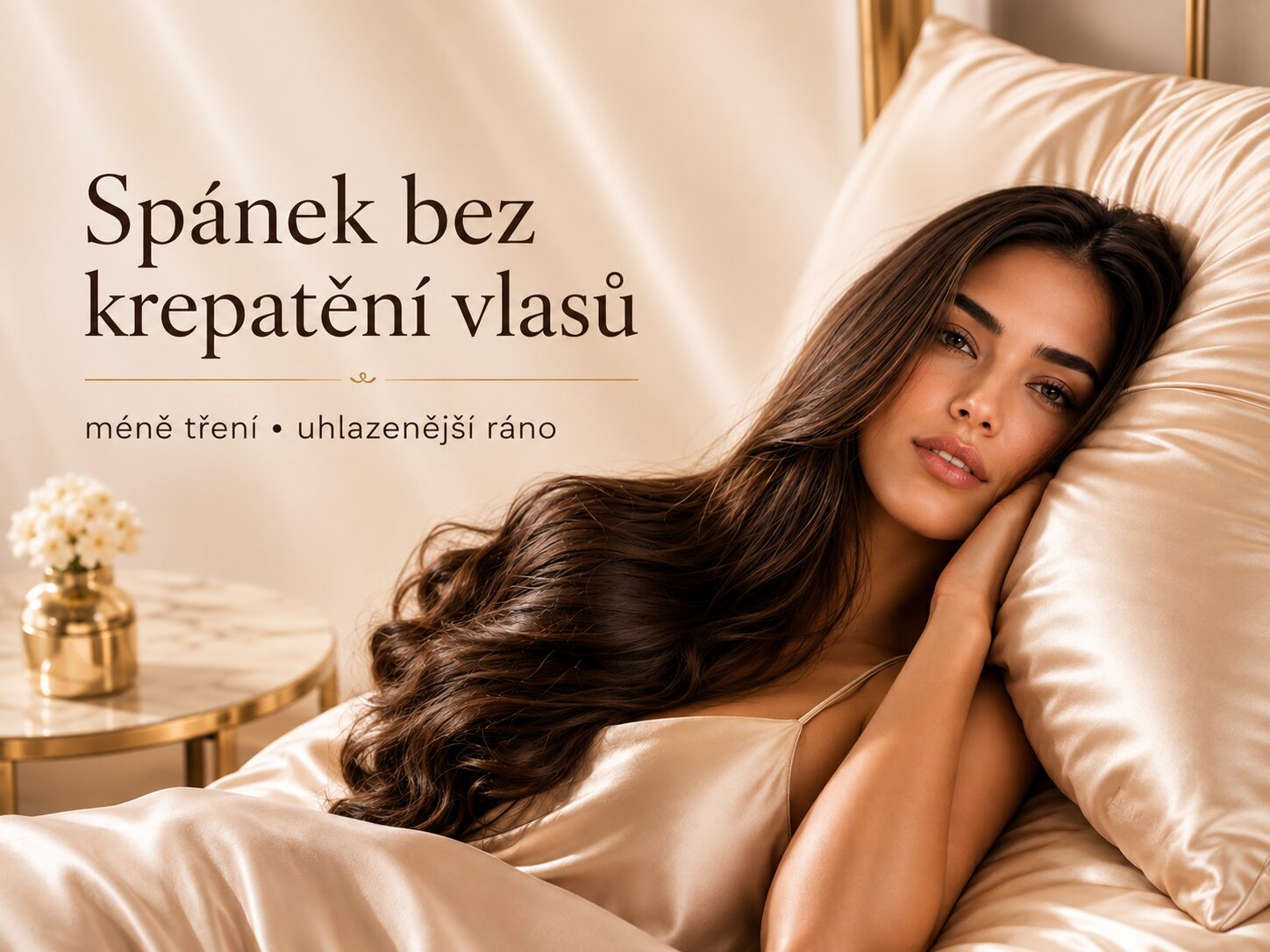 Spánek bez krepatění vlasů – žena s dlouhými vlasy na hedvábném ložním prádle v luxusní ložnici
