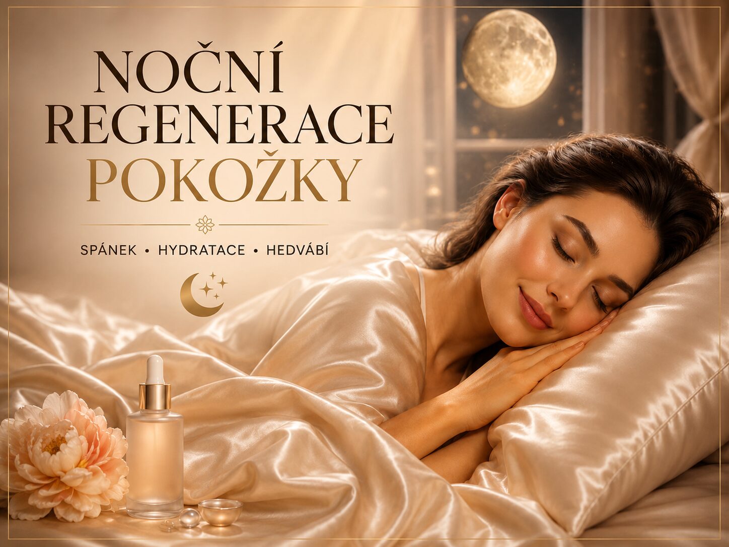 Noční regenerace pokožky – žena spící na hedvábném povlečení s jemným kontaktem k pleti