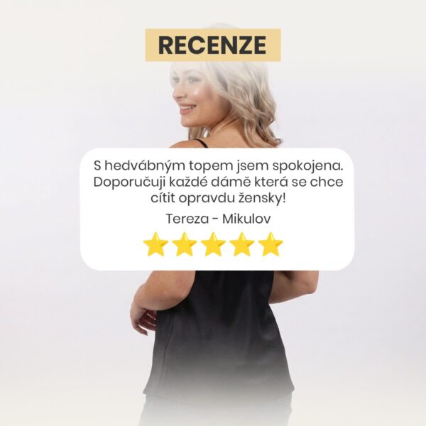 Recenze na Hedvábný dámský top. Modelka v luxusním dámském hedvábném topu SIMISilk – elegantní hedvábný top.
