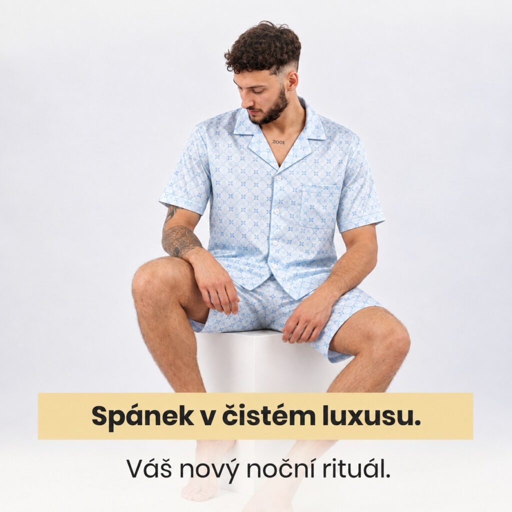 Hedvábné pánské krátké světle modré pyžamo