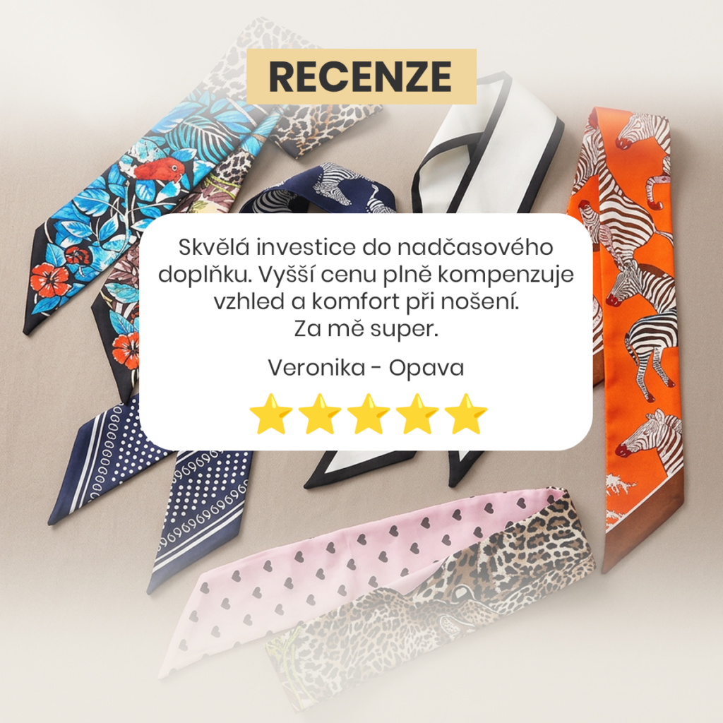Recenze - Hedvábný šátek je vyroben ze 100% přírodního hedvábí. Je mimořádně jemná na dotek a dodává vašemu vzhledu luxusní nádech.